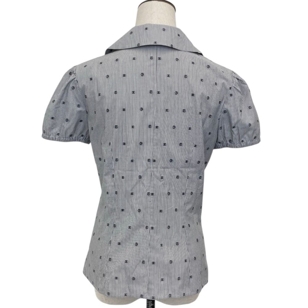 Chanel 24P Bijou CC Logo Button Stripe Blouse Navy White Spring Summer 38 — view 3