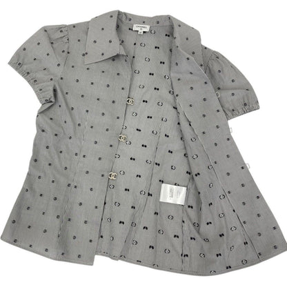 Chanel 24P Bijou CC Logo Button Stripe Blouse Navy White Spring Summer 38 — view 7