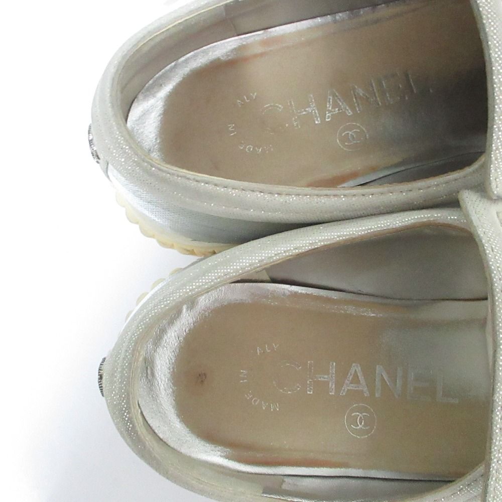 Chanel CC Logo Glitter Striped Platform Slip-on Sneakers Silver Colored — view 5