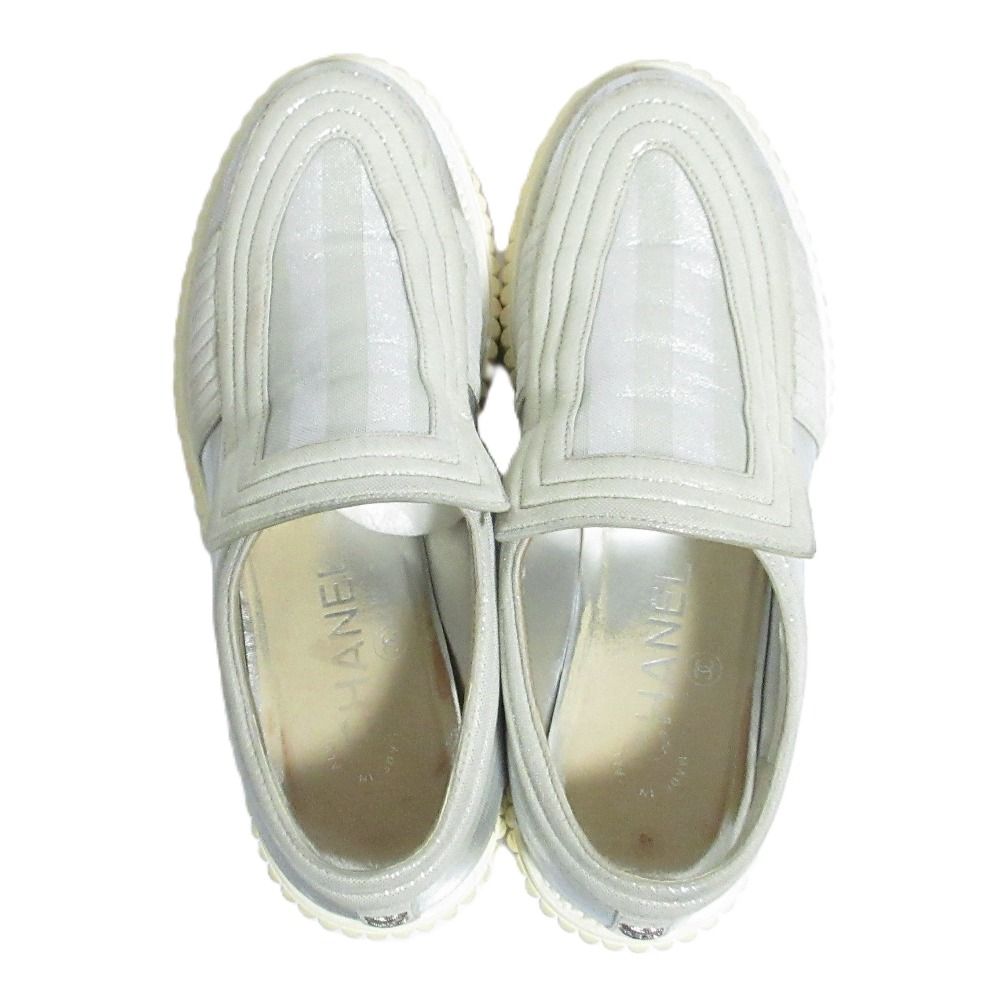 Chanel CC Logo Glitter Striped Platform Slip-on Sneakers Silver Colored — view 4