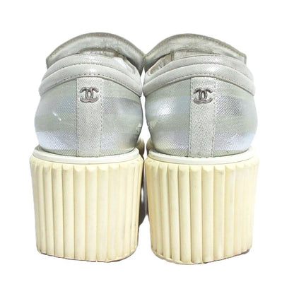 Chanel CC Logo Glitter Striped Platform Slip-on Sneakers Silver Colored — view 6