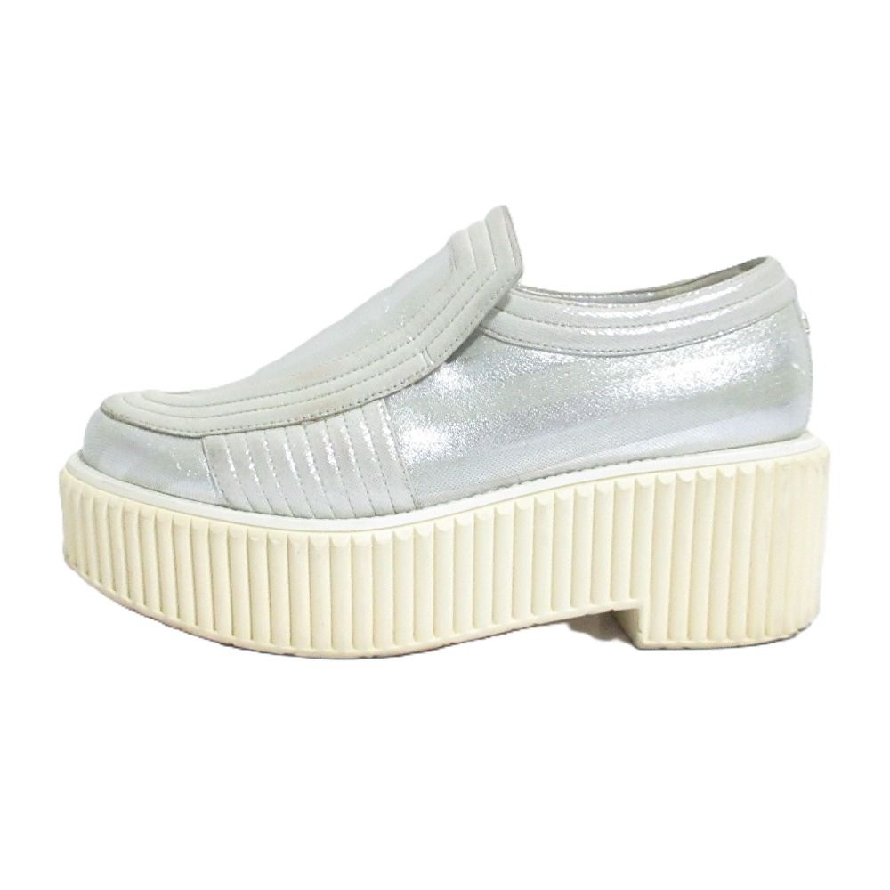 Chanel CC Logo Glitter Striped Platform Slip-on Sneakers Silver Colored — view 2
