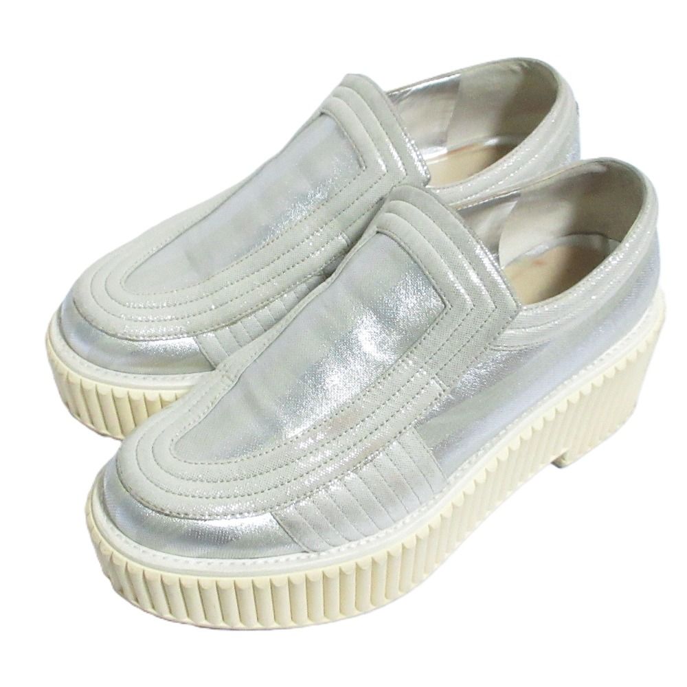 Chanel CC Logo Glitter Striped Platform Slip-on Sneakers Silver Colored