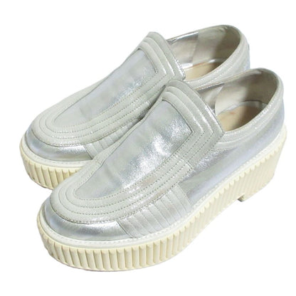 Chanel CC Logo Glitter Striped Platform Slip-on Sneakers Silver Colored