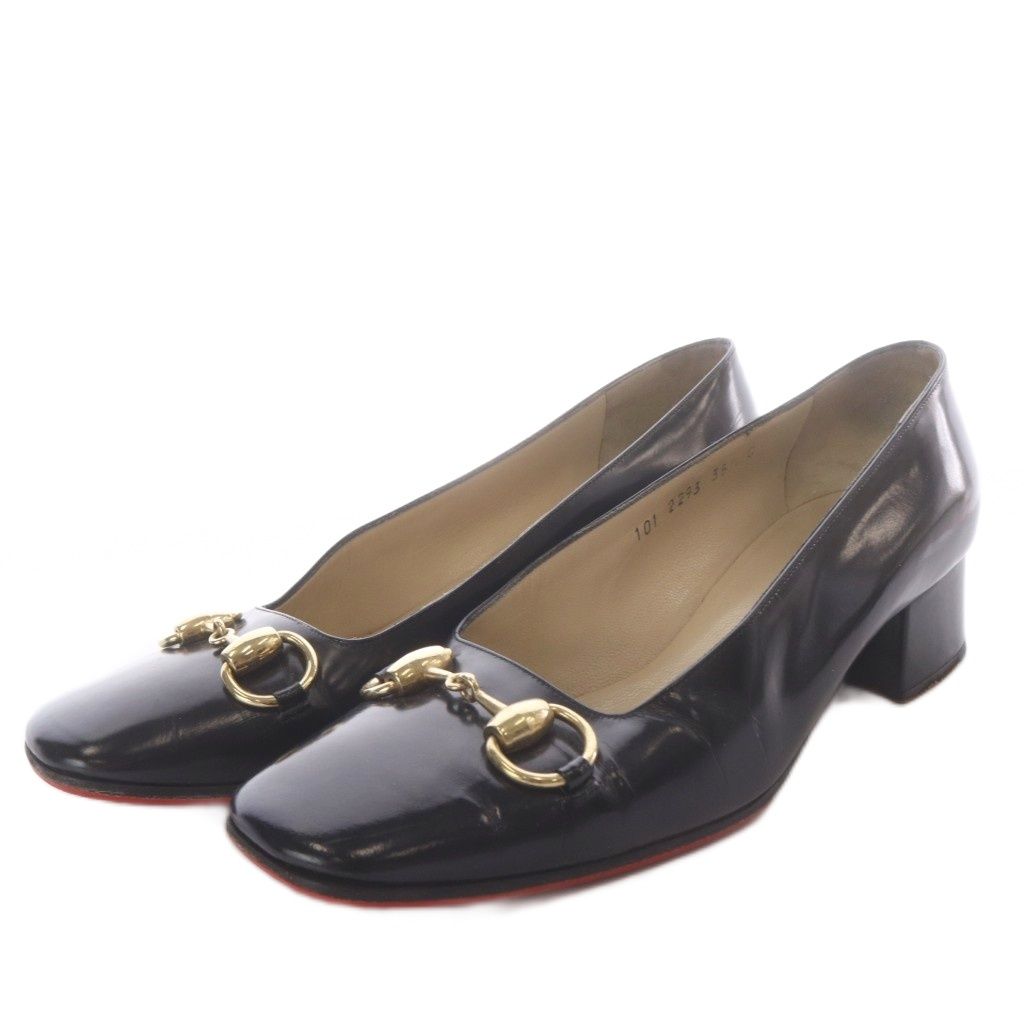 Gucci 101 Pumps Chunky Heel Horsebit Square Toe Leather Black