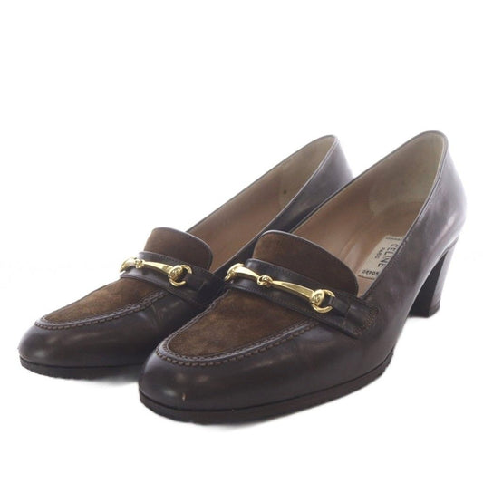 Celine Pumps Bit Chunky Heel Leather Suede Brown