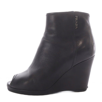 Prada Sport Boots Short Open Toe Wedge Sole Logo Leather Black — view 2