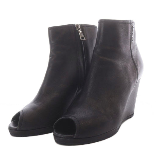 Prada Sport Boots Short Open Toe Wedge Sole Logo Leather Black
