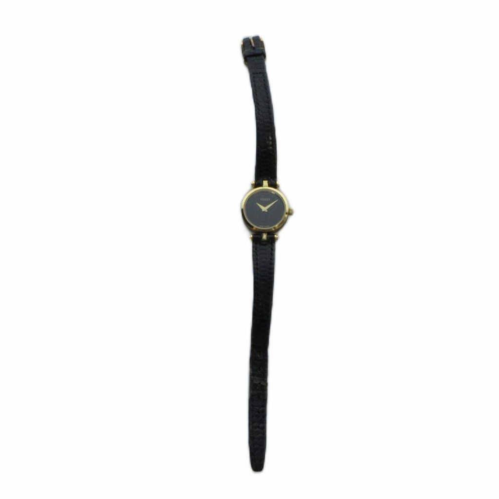 Gucci Watch Quartz Black Dial Logo Leather Strap Gold — view 3