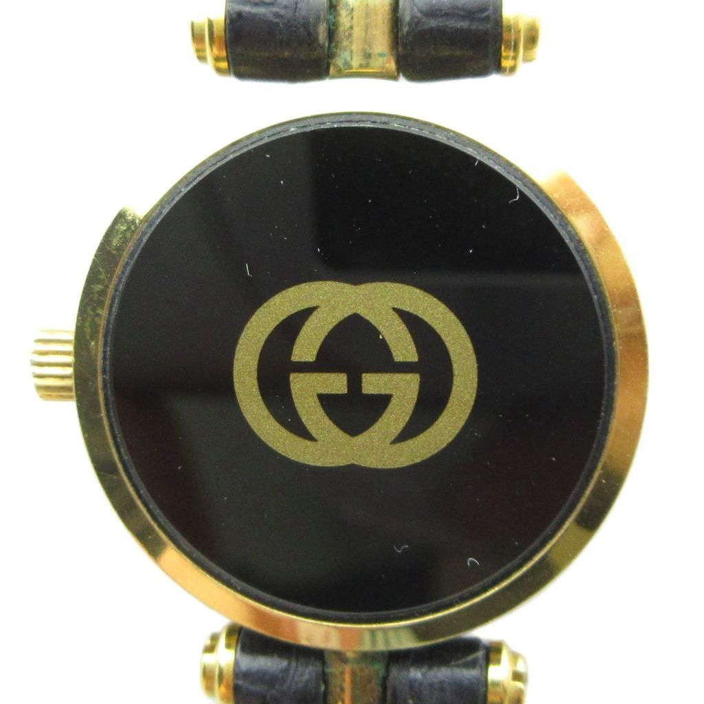 Gucci Watch Quartz Black Dial Logo Leather Strap Gold — view 2