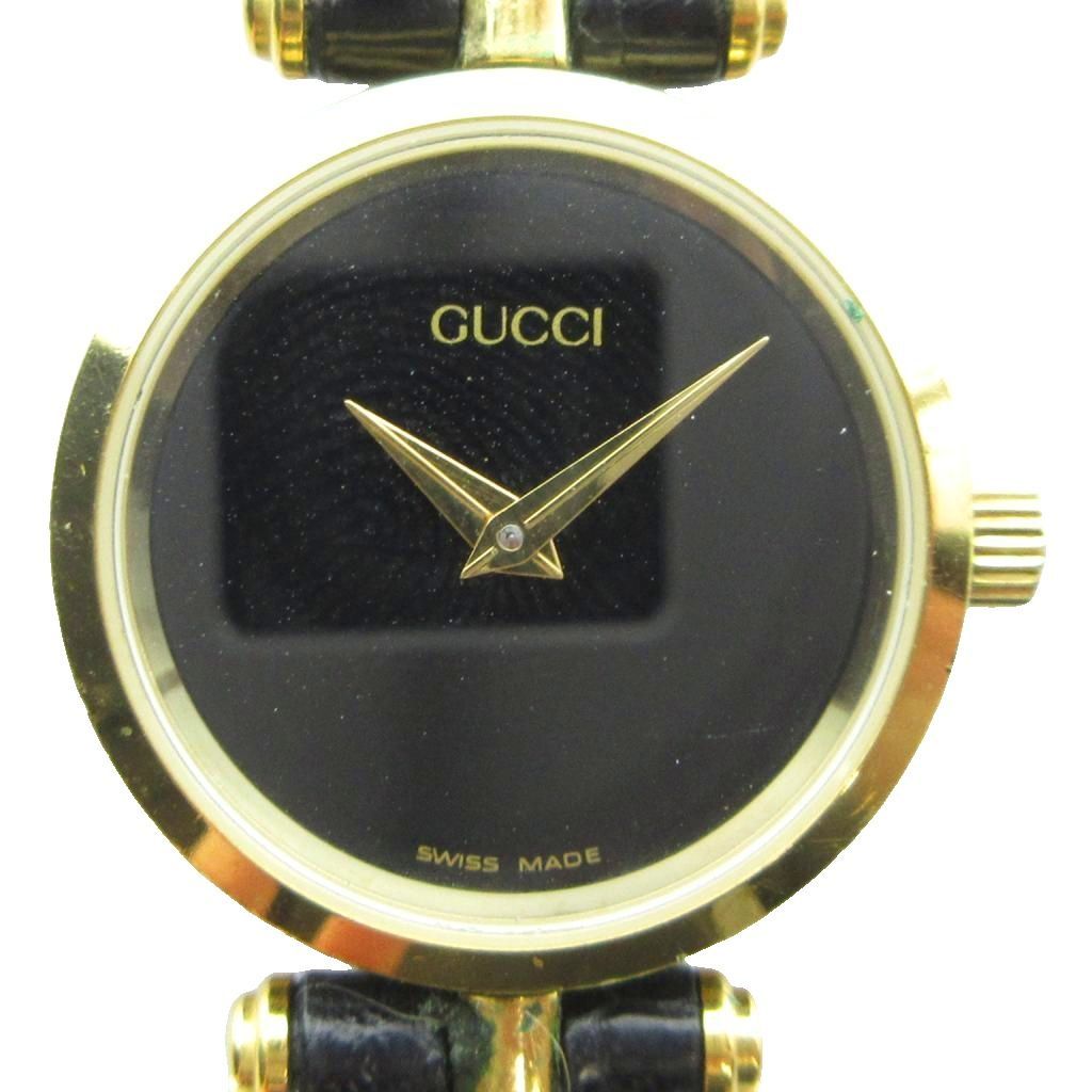 Gucci Watch Quartz Black Dial Logo Leather Strap Gold