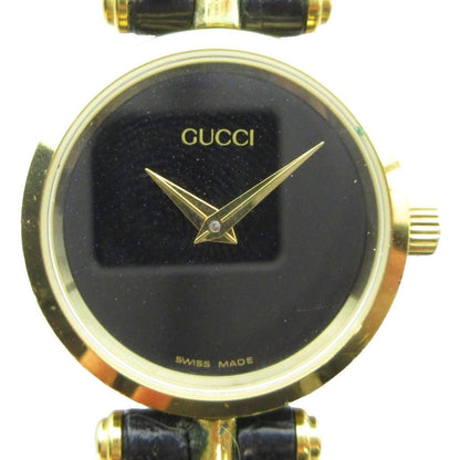 Gucci Watch Quartz Black Dial Logo Leather Strap Gold