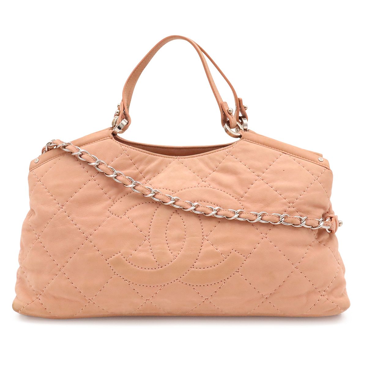 Chanel Wild Stitch CC Logo Tote 2-Way Shoulder Bag Chain Leather Pink