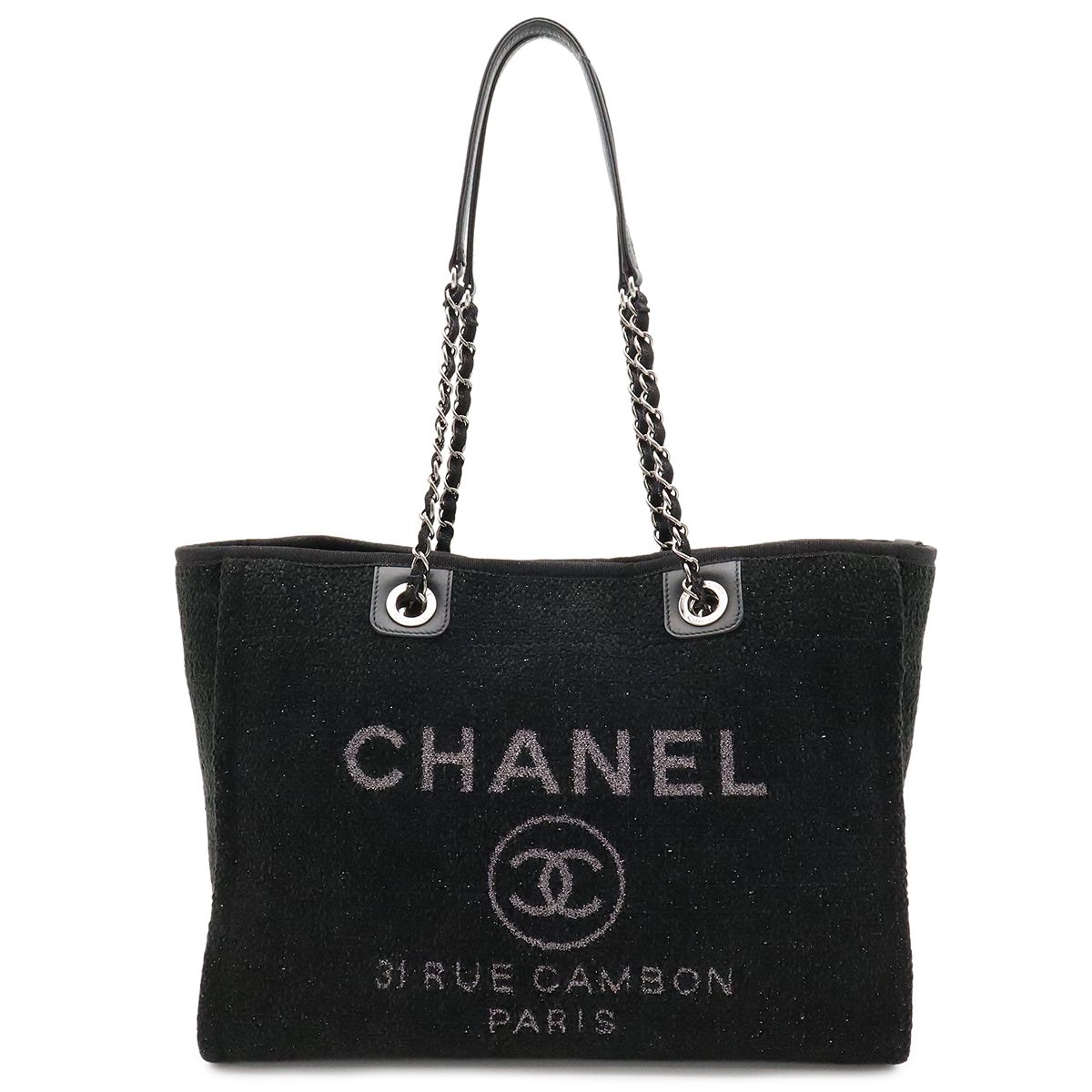 Chanel Deauville Line Medium Tote MM Shoulder Bag Chain Cotton Black