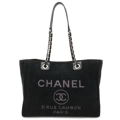 Chanel Deauville Line Medium Tote MM Shoulder Bag Chain Cotton Black