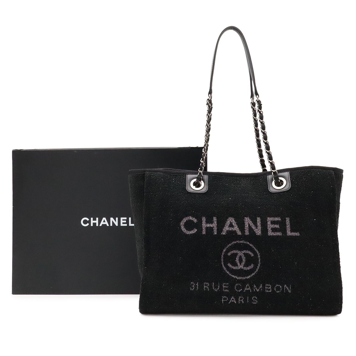 Chanel Deauville Line Medium Tote MM Shoulder Bag Chain Cotton Black — view 7