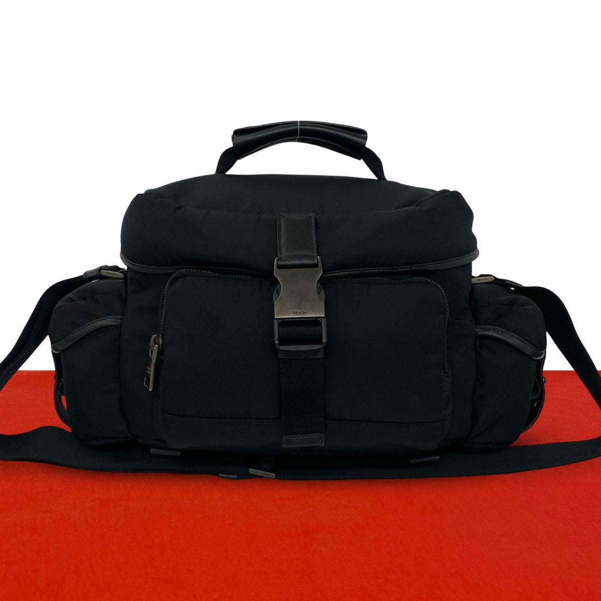 Prada Triangle Logo Tessuto Nylon Leather Shoulder Bag Vanity Black