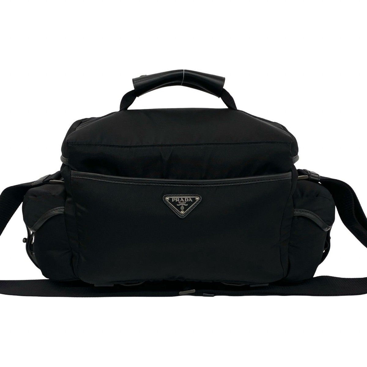 Prada Triangle Logo Tessuto Nylon Leather Shoulder Bag Vanity Black — view 3