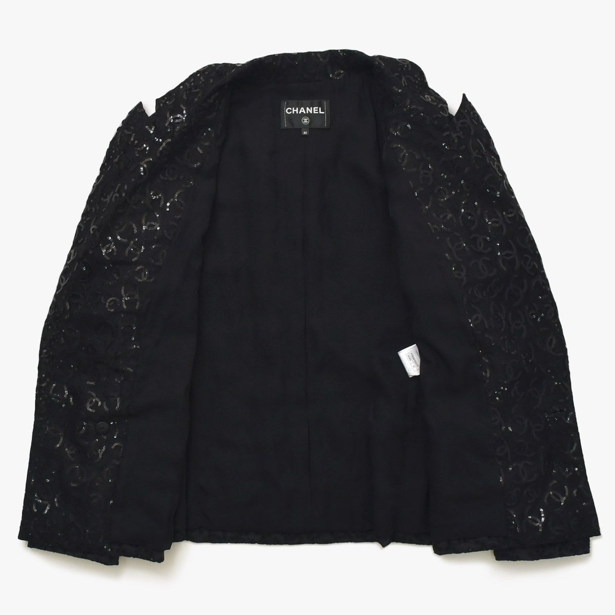 Chanel CC Logo Lace Sequin Jacket Cotton Polyester Black — view 3