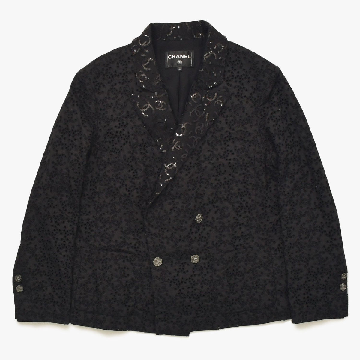 Chanel CC Logo Lace Sequin Jacket Cotton Polyester Black