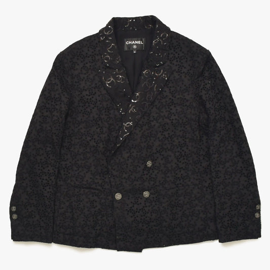 Chanel CC Logo Lace Sequin Jacket Cotton Polyester Black
