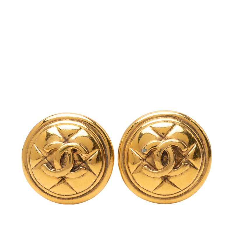 Chanel Vintage Quilted CC Logo Earrings Gold Plated