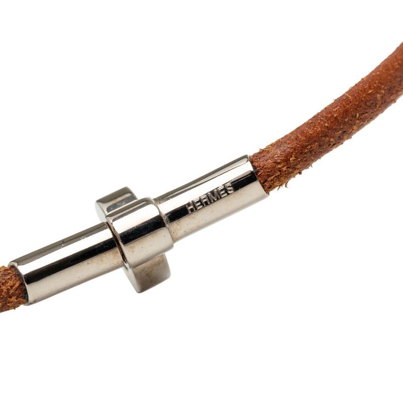 Hermes Double Kelly Choker Bracelet Brown Silver Metal Leather — view 3