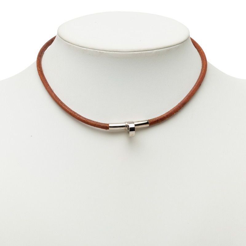 Hermes Double Kelly Choker Bracelet Brown Silver Metal Leather — view 5