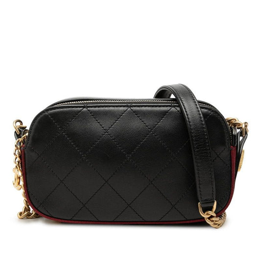 Chanel Quilted CC Logo Camera Bag Crossbody Chain Black Wine Red Leather