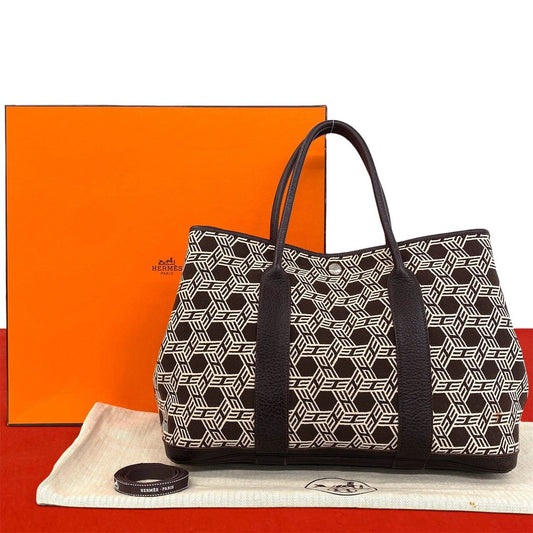 Hermes Garden Party PM Buffalo Toile So H Handbag Niccotine Brown