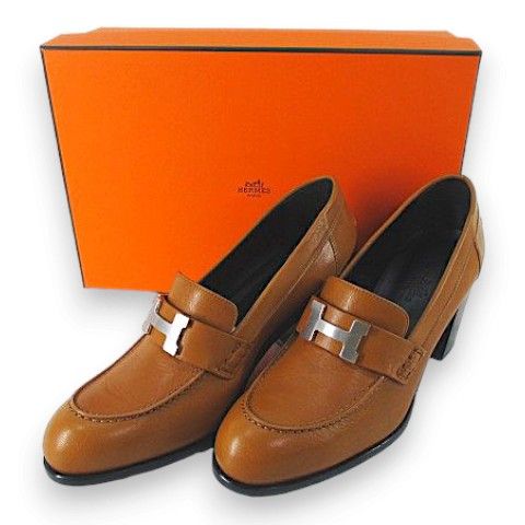 Hermes Constance Loafers Heels H Silver Camel Leather