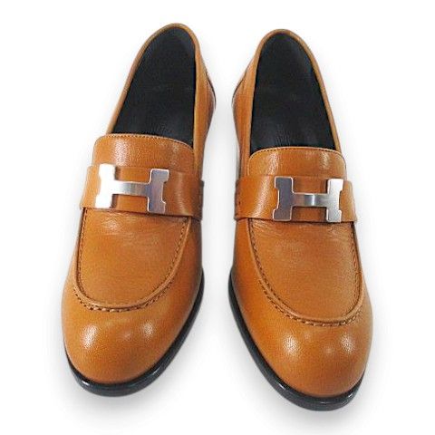 Hermes Constance Loafers Heels H Silver Camel Leather — view 4