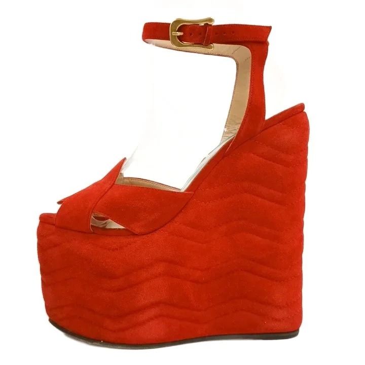 Gucci Sally Platform Wedge Sandals Suede Leather Ankle Strap Red — view 2