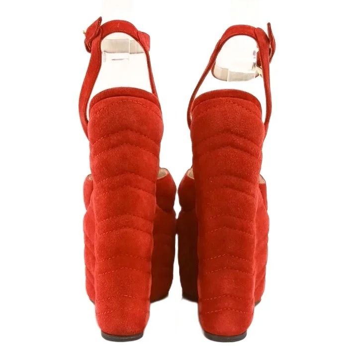 Gucci Sally Platform Wedge Sandals Suede Leather Ankle Strap Red — view 4