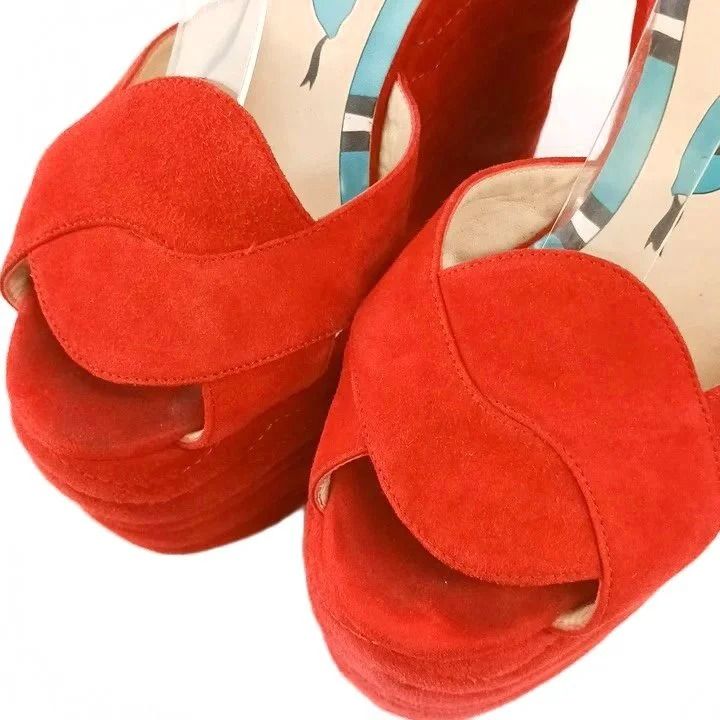 Gucci Sally Platform Wedge Sandals Suede Leather Ankle Strap Red — view 3