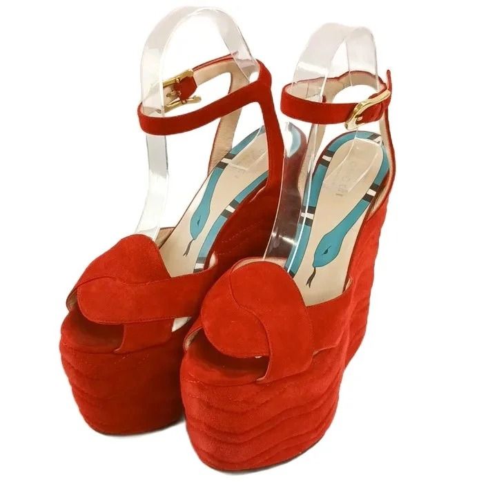 Gucci Sally Platform Wedge Sandals Suede Leather Ankle Strap Red