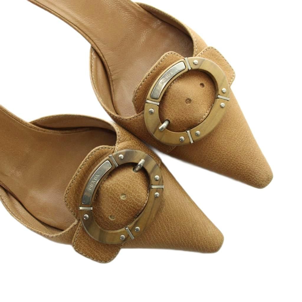 Prada Pumps Mules Pointed Toe Buckle Logo Leather Brown Heels — view 3