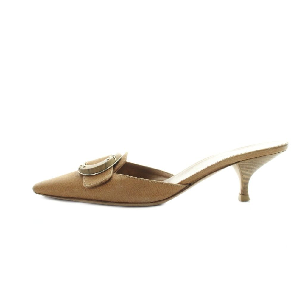 Prada Pumps Mules Pointed Toe Buckle Logo Leather Brown Heels — view 2