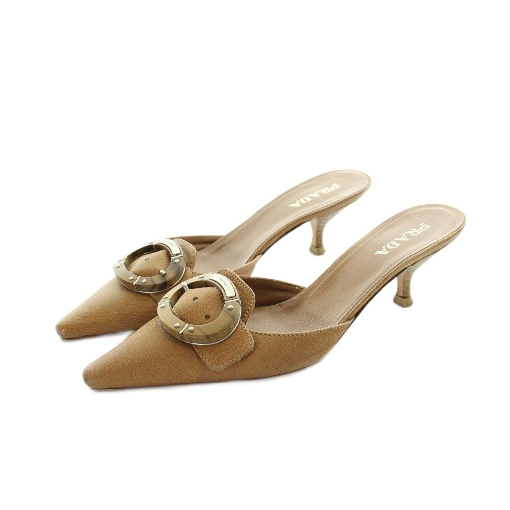 Prada Pumps Mules Pointed Toe Buckle Logo Leather Brown Heels