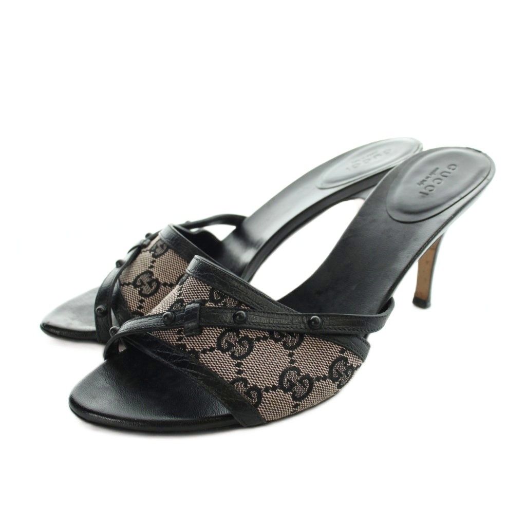 Gucci Sandals Stiletto Heels GG Pattern Cross Strap Black