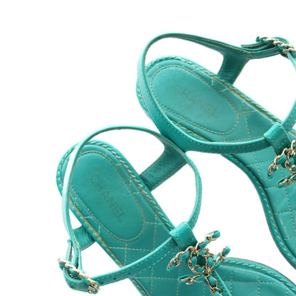 Chanel Thong Sandals CC Logo Chain Leather Green — view 4