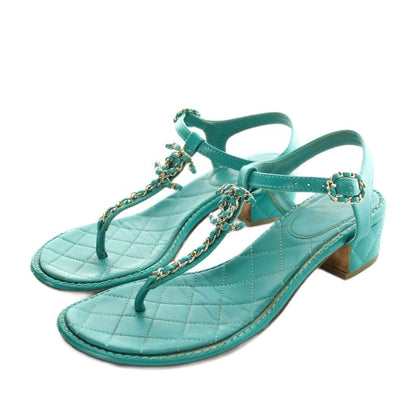 Chanel Thong Sandals CC Logo Chain Leather Green