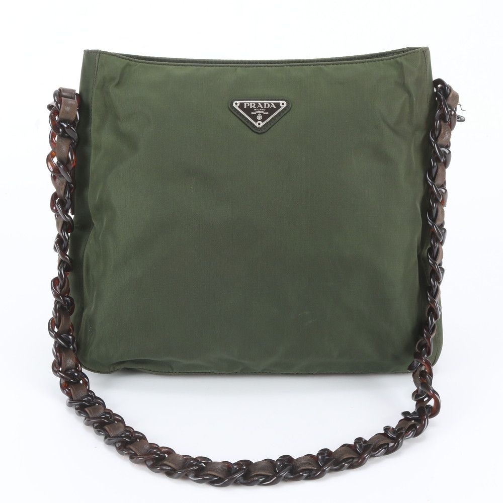 Prada Tessuto Nylon Triangle Logo White Tag with Plastic Chain Shoulder Bag
