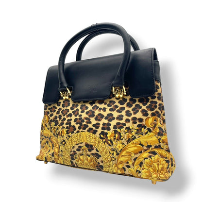 Versace Gianni Handbag Leather Leopard Baroque Black Gold Vintage Top Handle