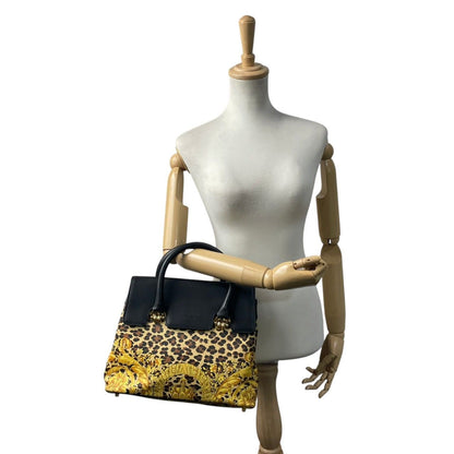 Versace Gianni Handbag Leather Leopard Baroque Black Gold Vintage Top Handle — view 4