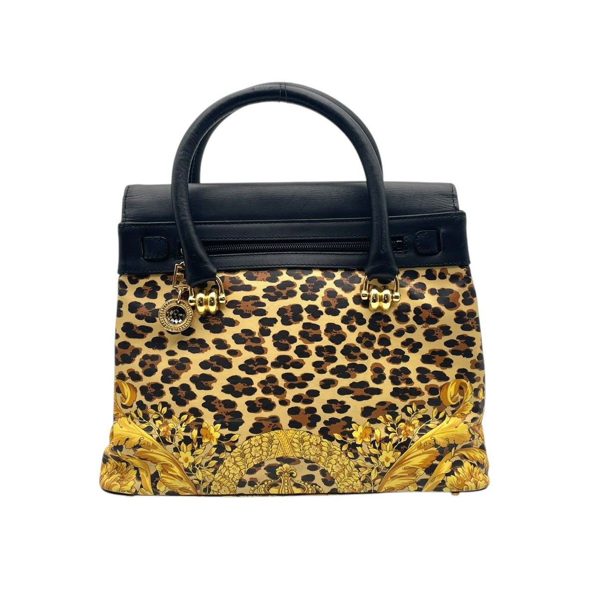 Versace Gianni Handbag Leather Leopard Baroque Black Gold Vintage Top Handle — view 3