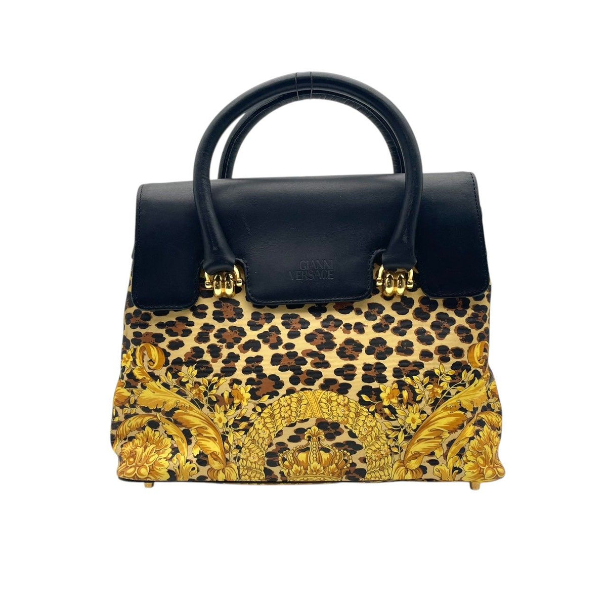 Versace Gianni Handbag Leather Leopard Baroque Black Gold Vintage Top Handle — view 2