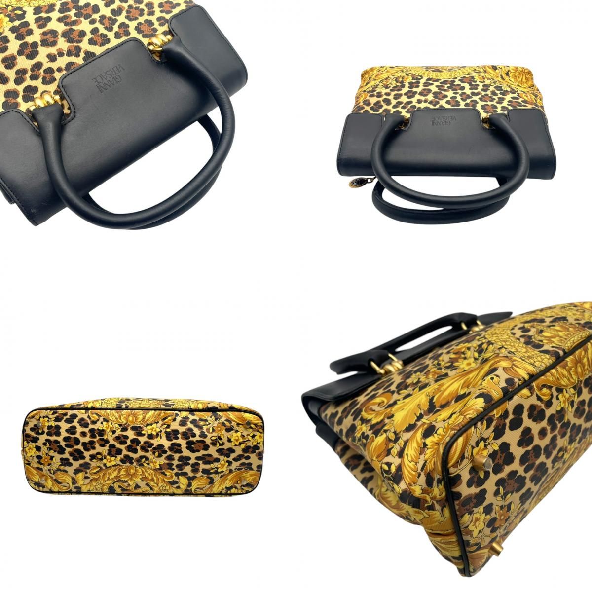 Versace Gianni Handbag Leather Leopard Baroque Black Gold Vintage Top Handle — view 7