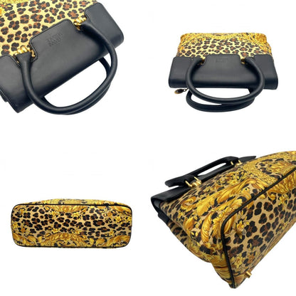 Versace Gianni Handbag Leather Leopard Baroque Black Gold Vintage Top Handle — view 7