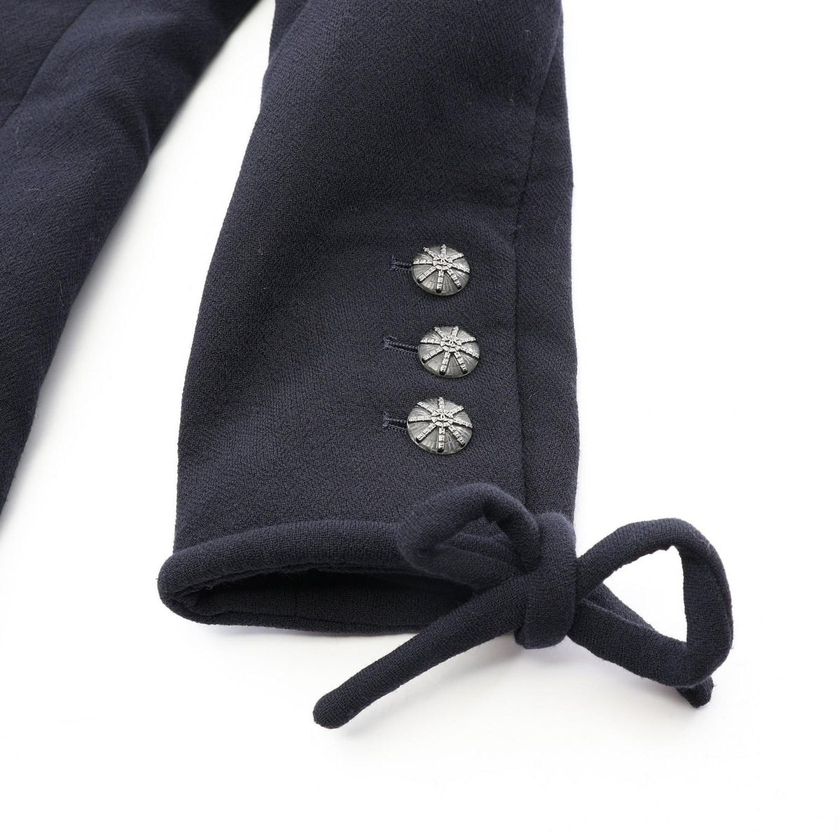 Chanel CC Logo Button Double Breasted Ruffle Wool Coat — view 8